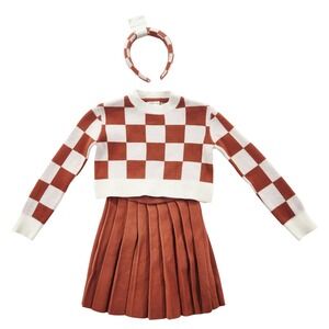 Max Studio Kids Rust Checkerboard Sweater Pleated Skirt and Headband Set Size 4